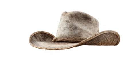 Classic worn cowboy hat with a sweat stained band and weathered brim isolated on a transparent background, capturing the essence of the wild west