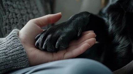 close up of dog's paw in female hand 