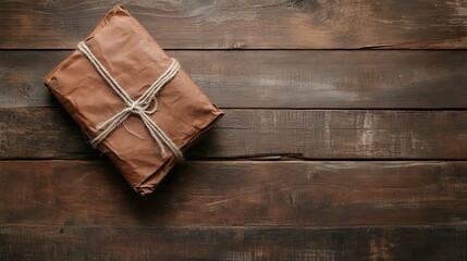 Fototapeta premium A beautifully wrapped package tied with twine on a rustic wooden surface, capturing the essence of gift-giving and the warmth of handmade presents.