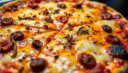 Close-up of a freshly baked pizza with melted cheese and toppings, wood fired, italian food
