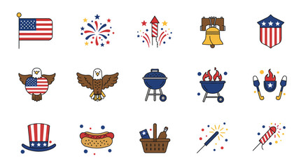 Patriotic Fourth of July Icons American Flag, Fireworks, Eagle, BBQ, and More