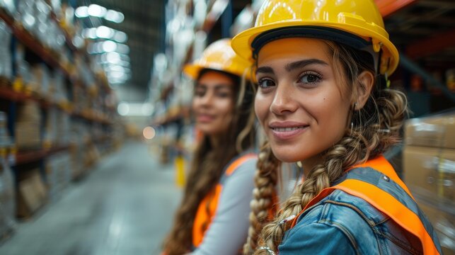 Two confident women wear safety gear in a warehouse setting, showcasing empowerment and teamwork while promoting safety in industrial environments for a diverse workforce.