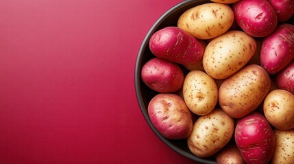 A vibrant display of various freshly harvested potatoes nestled in a bowl, representing the beauty of farm-fresh produce and healthy eating.