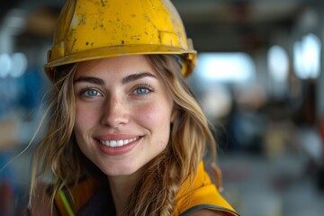 A cheerful young woman in a construction helmet smiles warmly, showcasing her vibrant personality while working in a bustling construction environment filled with activity.