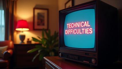 Home Interior Shot of a Vintage TV with a Technical Difficulties Alert