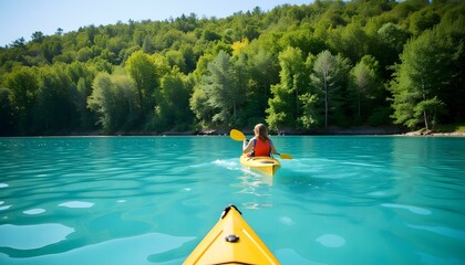 Man kayaking on turquoise lake surrounded by green forest  