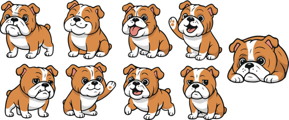 vector illustration of bulldog pitbul dog funny cute simple cartoon mascot character cartoon with 9 poses 