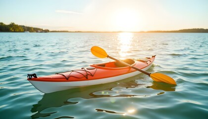 Kayak with yellow paddles floating on water during sunset  