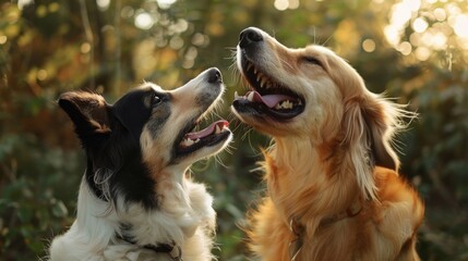 A heartwarming scene of two dogs joyfully interacting in a natural setting, capturing moments of pure happiness and companionship, symbolizing loyalty and friendship.