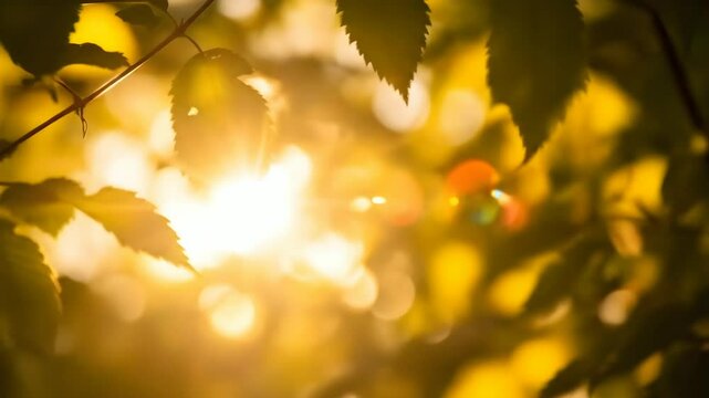 Golden Sunlight Shining Through Green Leaves in Forest, Beautiful Natural Scene with Warm Light and Bokeh Effect