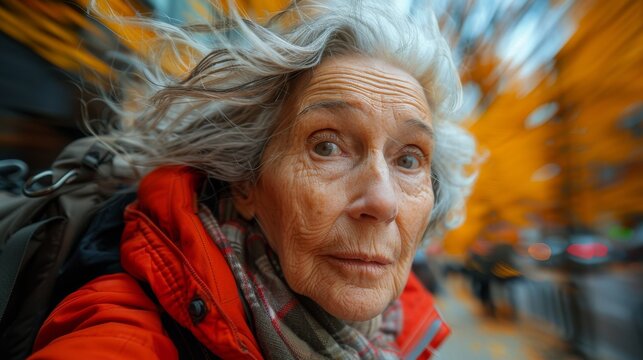 An evocative portrait of an elderly woman with flowing gray hair in a lively outdoor setting, capturing the beauty of aging and the vibrancy of life through expression.