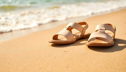 Sandals resting on sandy beach near the ocean waves  