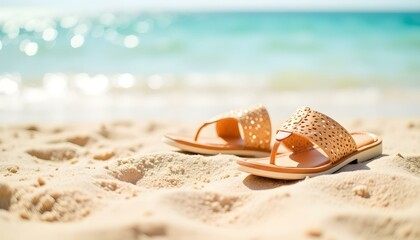 Summer sandals on sandy beach with ocean in background  