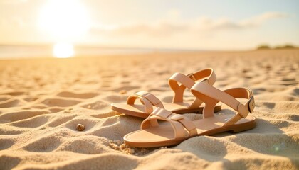 Sandals placed on sandy beach with sunlight at sunset  