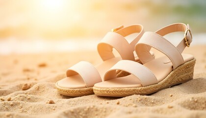 Stylish sandals on sand beach with sunlight in summer setting  