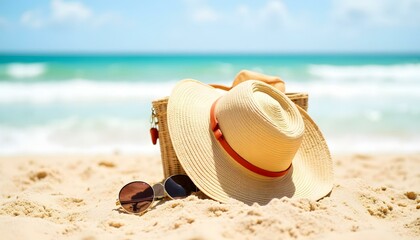 Summer hat and sunglasses resting on sandy beach by ocean  