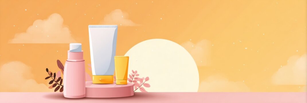 Benefits of Daily Sunscreen Use Illustrated With Skincare Products on a Simple Background