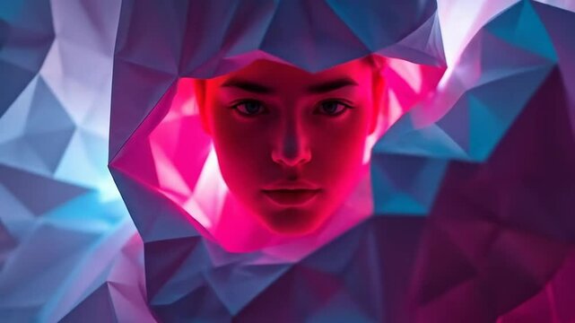 Intense portrait with abstract geometric figures and vibrant lighting effect