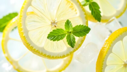 Fresh lemon slices with mint leaves and ice in a clear drink  