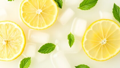 Fresh lemon slices with mint and ice in refreshing beverage  