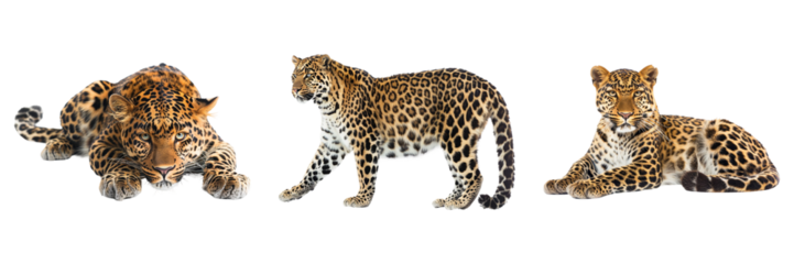 Three leopards on display on transparent background