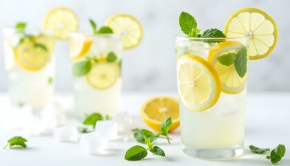 Refreshing lemonade with lemon slices and mint leaves on table  