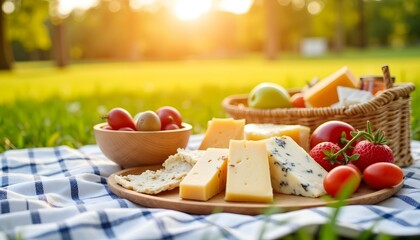 Cheese platter with fruits on picnic blanket in sunny park  
