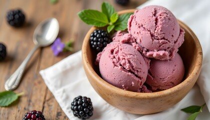 Blackberry ice cream scoops served in wooden bowl with mint