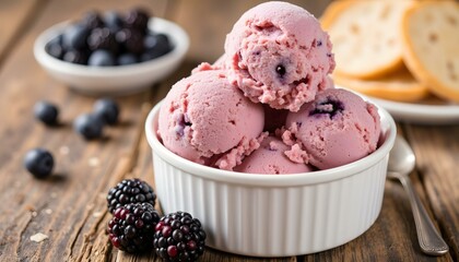 Creamy blackberry ice cream scoops in white bowl on wooden table  
