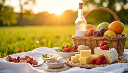 Picnic basket with fruits and cheese on white blanket at sunset  