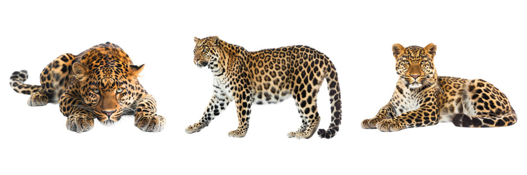 Three leopards on display on transparent background
