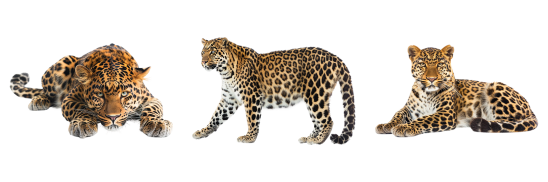 Three leopards on display on transparent background