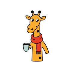 A giraffe wearing a scarf and drinking tea
