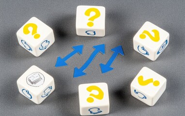 White dice with yellow question marks and symbols, surrounded by blue arrows
