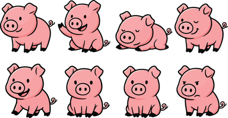 vector illustration of pink pig funny cute simple cartoon mascot character cartoon with 8 poses 01
