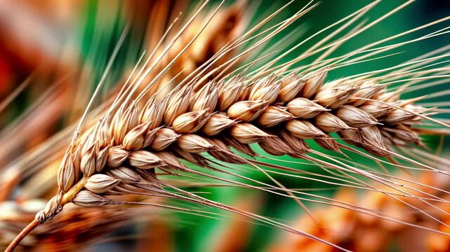 Golden wheat ears with detailed grain spikes and awns. Mature cereal crop ready for harvest in agricultural field. Natural organic food production and farming concept with brown kernels.