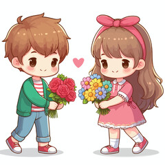 Cute couple cartoon vector boy giving flower to girl
