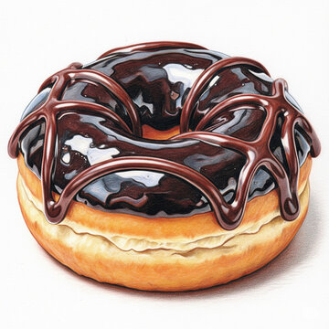 Donut chocolate frosted and top with chocolate fudge hand draw and pencil color