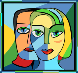 Two abstract faces with geometric shapes and vibrant colors are intertwined, gazing outward . The background consists of various blue and green hues, creating a vivid and dynamic composition.