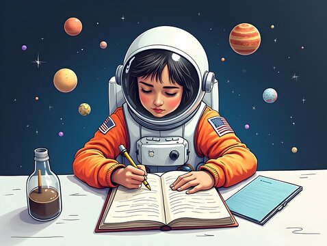 A character doing space research, hand drawn illustration
