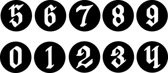 Gothic uppercase letters A-Z in black circles. Vintage blackletter style for logos, posters, tattoos, and medieval-themed designs.