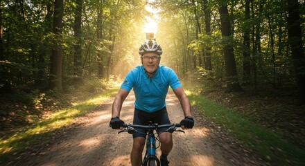 Cyclist in forest path with sunlight
