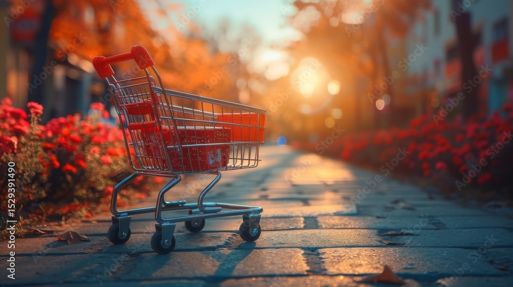 Poster a shopping cart rests on a cobblestone path lined with vibrant autumn flowers, casting a warm and in