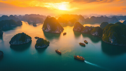 Breathtaking Sunset Over Ha Long Bay, Vietnam – Aerial View of Limestone Islands, Boats, and Golden Sky Reflections on Tranquil Water – Majestic Nature and Travel Destination Landscape


