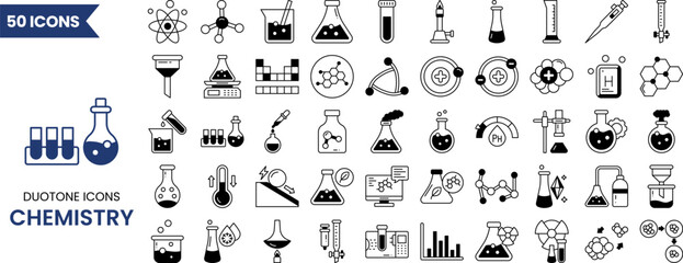 Chemistry icon set in duotone style. Containing test flask, test tube, chemistry lab, experiment, chemical bond, atom, molecule and more. Vector illustration