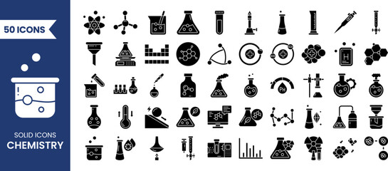 Chemistry icon set in solid style. Containing test flask, test tube, chemistry lab, experiment, chemical bond, atom, molecule and more. Vector illustration