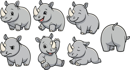 vector illustration of rhino funny cute simple cartoon mascot character cartoon with 7 poses  © weng