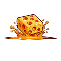 Cartoon cheese cube falling into a yellow liquid splash