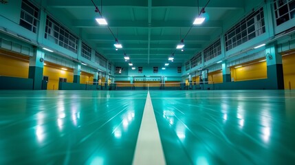 Fototapeta premium A spacious indoor sports hall with polished flooring and bright lighting creates an ideal environment for athletic activities and evokes a sense of energy and potential for play.