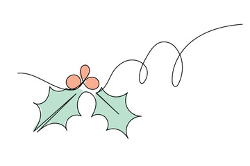 Line Art Holly Branch with Berry Natural Element. Greeting Card Design Element. One Continuous Outline Curve Wavy Contour Drawing. Winter Holidays Banner Design Theme.
